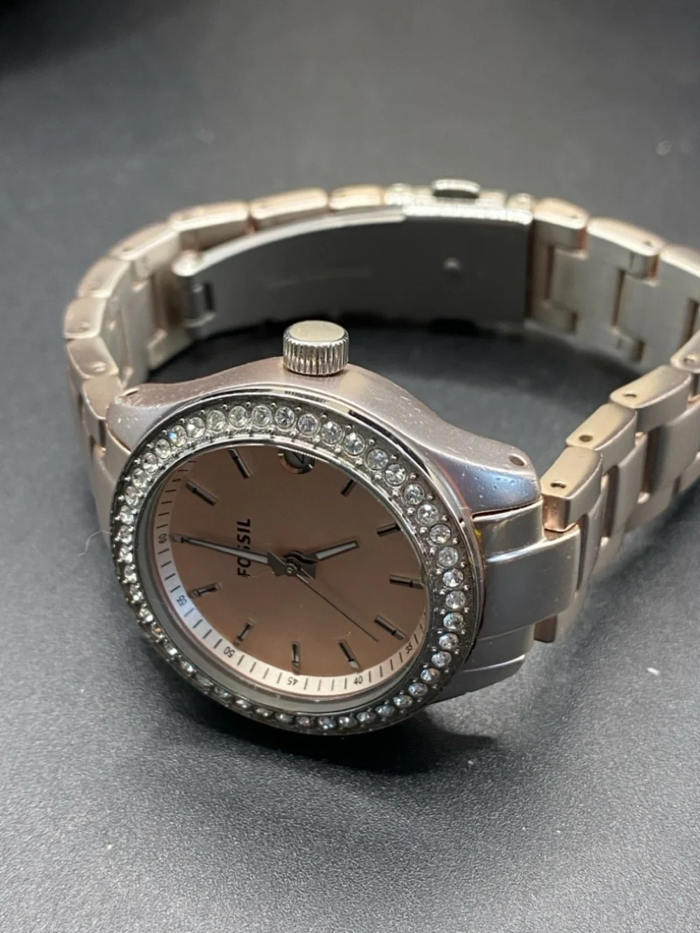 FOSSIL Stella Rose Silver-Tone Watch Blush Dial Pave Crystal Bezel ES-2976 31mm